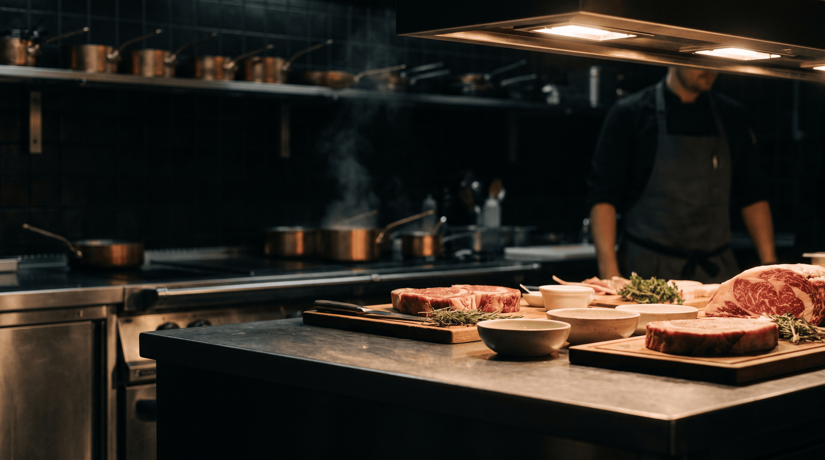 A premium restaurant kitchen station with raw cuts laid out under warm task lighting